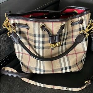 Plaid Designer Bucket Bag with Leather Trim
